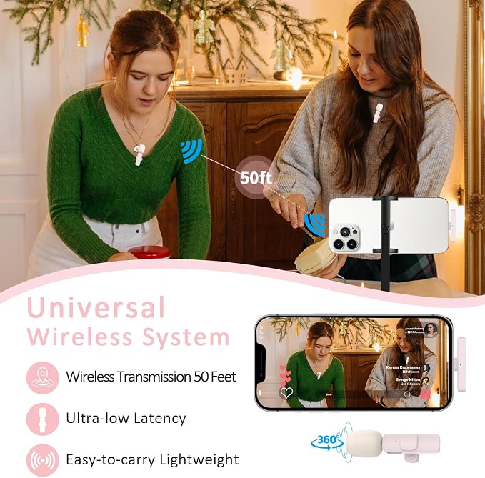 MAYBESTA Mini Wireless Lavalier Microphone for iPhone, iPad, Android - Bluetooth Lapel Phone Microphones for YouTube Video Recording - Clip on Lav Mic for Interview Podcast Vlog(Pink)