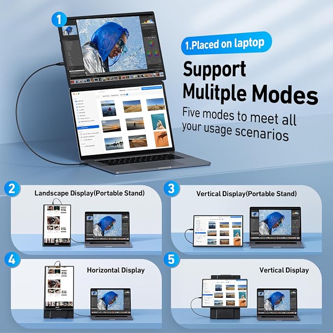Laptop Screen Extender Monitor Portable - 16.1'' FHD 1200P Portable Screen for Laptops, 360° Rotating, Plug & Play, Detachable Stand, Height Adjustable Laptop Monitor Extender for Mac/Win/Phone/Tablet