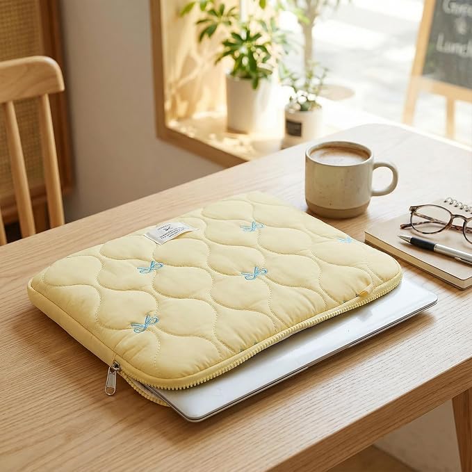 Cute Bow Laptop Case Coquette 13-15 Inch Puffy Laptop Sleeve Accessories Aesthetic Quilted Computer Bag for MacBook (Yellow 1, 13-14inch)