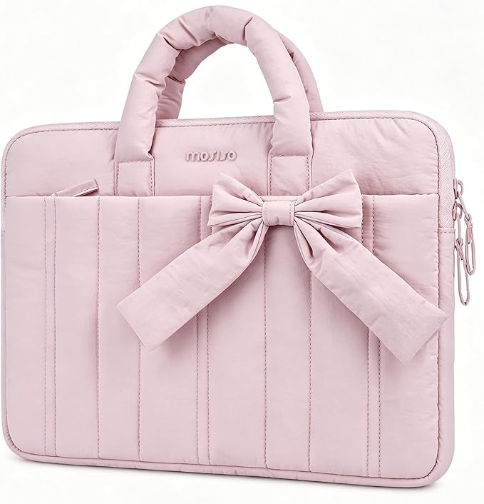 MOSISO Laptop Case 16 inch, 15-15.6 inch Puffy Laptop Sleeve Compatible with MacBook Pro 16 M5 M4 M3 M2 M1, HP Acer Dell Lenovo ASUS Notebook, Rectangle Quilted Carrying Bag with Bow&Handle, Pink