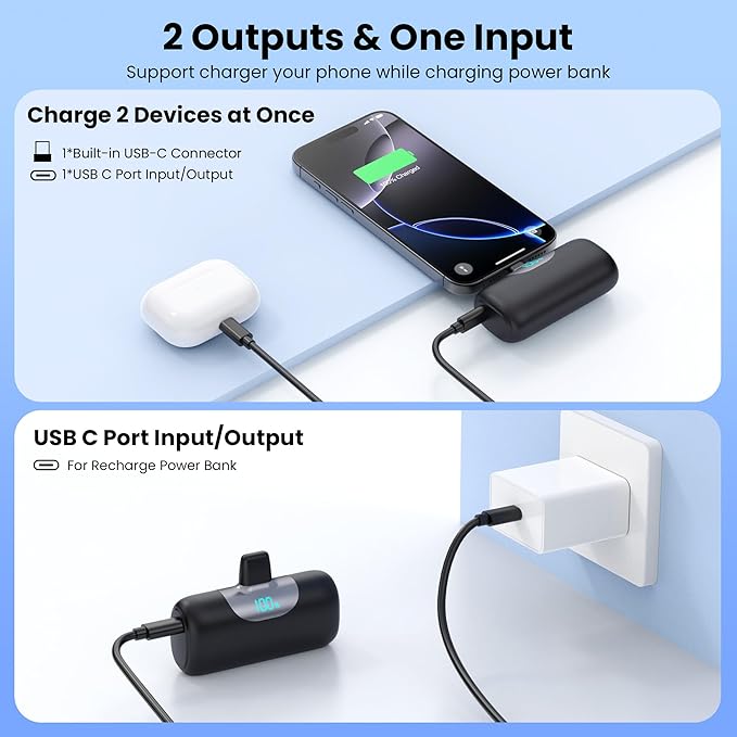 [2-Pack]Mini Portable Charger for iPhone 17/16,5500mAh LCD Display USB C Power Bank,Fast Phone Charging Travel Pocket Size Battery Pack for iPhone 17/17 Pro Max/Air/16/15 Series,Android(Black+Navy)