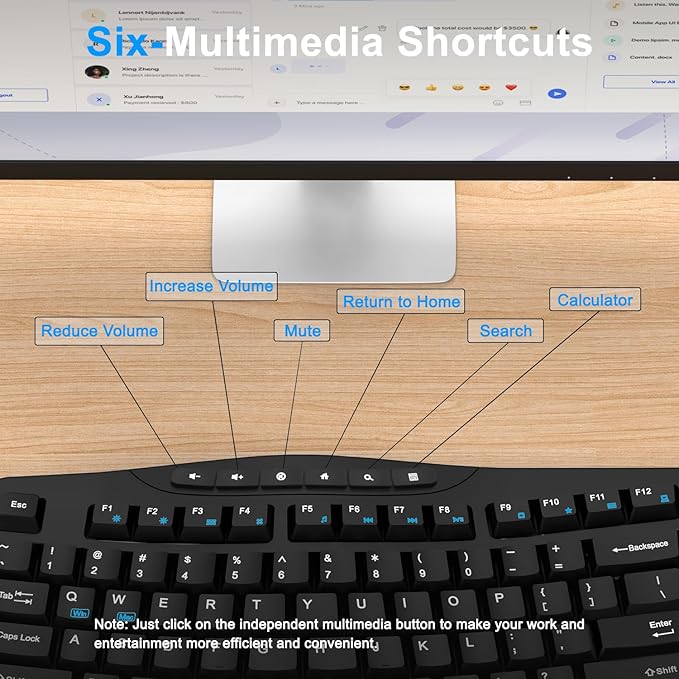 Wireless Keyboard and Mouse Combo, Ergonomic Keyboard with 6 Multimedia Keys, 2.4G Full Size Keyboard with Wrist Rest, 3-Level DPI Wireless Silent Mouse with 6-Buttons, for Windows (Dark Black)