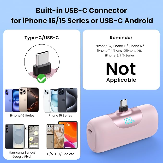 [2-Pack]Mini Portable Charger for iPhone 17, 5500mAh LCD Display USB C Power Bank,Fast Phone Charging Travel Pocket Size Battery Pack for iPhone 17/17 Pro/17 Pro Max/16/15 Series,Android(Black+Pink)