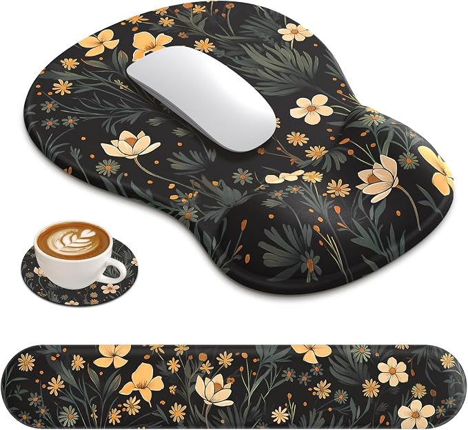 AKIT Ergonomic Mouse Pad and Keyboard Wrist Rest, 3-in-1 Memory Foam Wrist Rest for Computer Keyboard, Non-Slip Base, Pain Relief, Gel Mousepad Set for Gaming, Home and Office, Flower Black