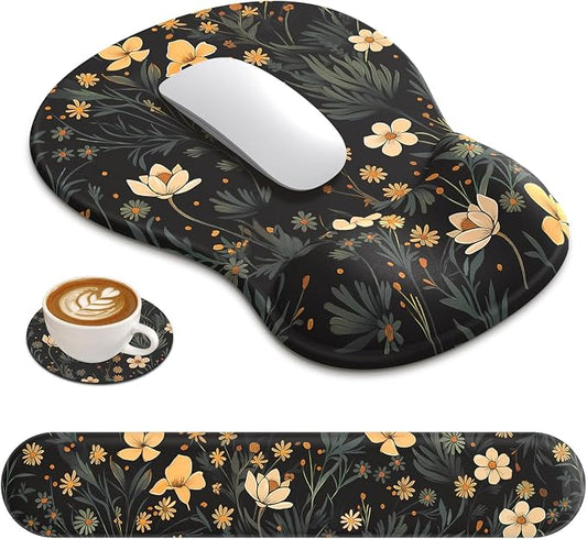 AKIT Ergonomic Mouse Pad and Keyboard Wrist Rest, 3-in-1 Memory Foam Wrist Rest for Computer Keyboard, Non-Slip Base, Pain Relief, Gel Mousepad Set for Gaming, Home and Office, Flower Black