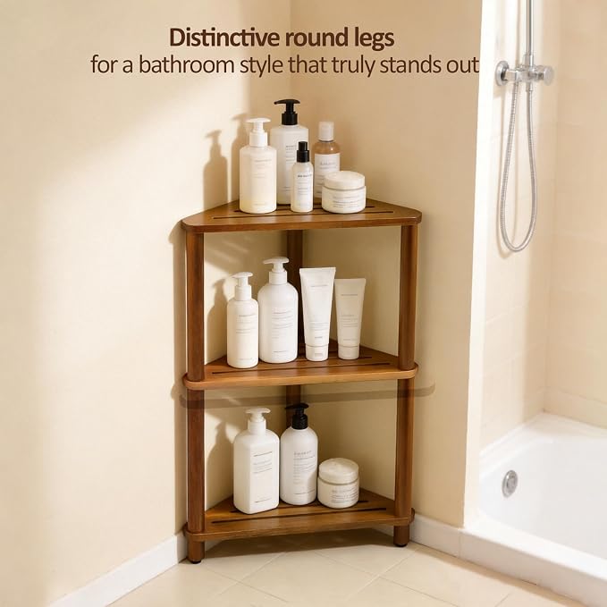 IBosins Corner Shower Shelf 3-Tier Shower Caddy Standing Bathroom for Inside Shower Stool Storage for Kitchen Livingroom Bedroom - Acacia Wood