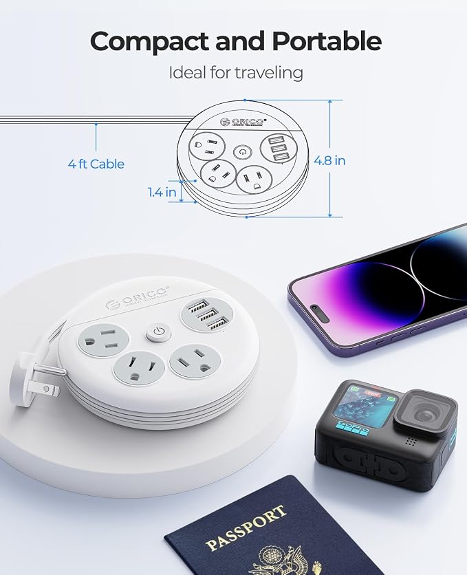ORICO Travel Power Strip with USB Ports, 4 ft Flat Extension Cord 3 Outlets 3 USB Ports, Portable Flat Plug Power Strip Outlet Extender for Travel, Cruise Approved - White