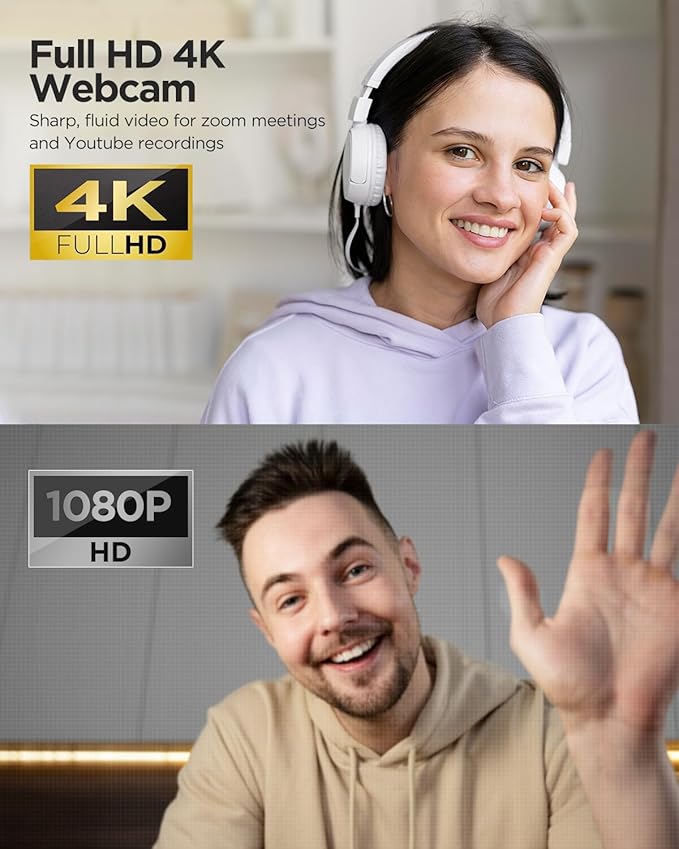 Webcam 4K with Microphone & Privacy Cover for PC/Laptop, USB Computer Camera Plug & Play with Auto Light Correction for Video Calls, Live Streaming Gaming & Online Meetings