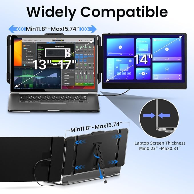 BOSII Laptop Screen Extender Monitor - 14 Inch Dual IPS FHD 1080P HDMI/USB-A/Type-C Extended Portable Monitor for Laptops (Maximum Length: 15.74") Compatible with Windows Mac Travel Work