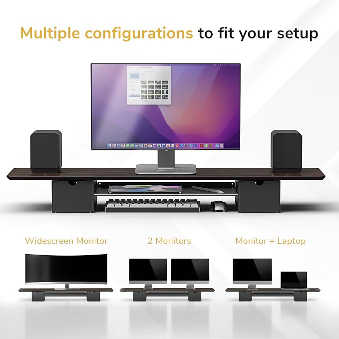 Mount-It! Extra Wide 39" Dual Monitor Stand Riser with 2 Drawers, Holds 66 lbs, Real Wood Platform, Built-In Device Slot, Removable Shelf, Home Office Desk Organizer