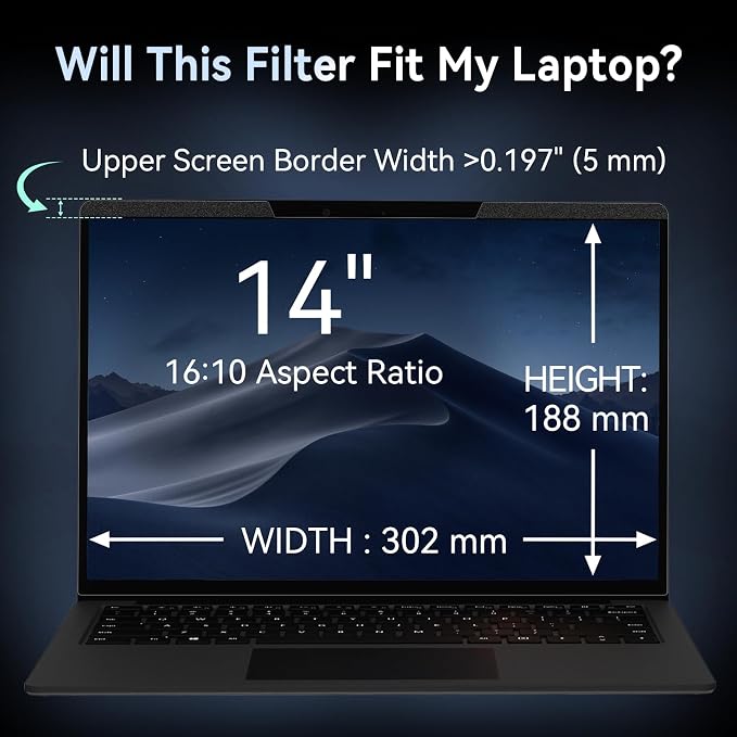 Magnetic 14 Inch Laptop Privacy Screen for 16:10 Computer Monitor, Removable Anti Glare Blue Light Filter Protector, 14 in Privacy Shield Compatible with Lenovo Hp Dell Acer Asus Thinkpad Envy Xps