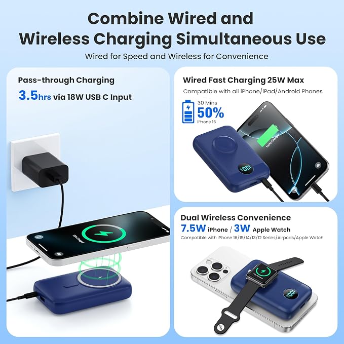 Magnetic Portable Charger for iPhone,10800mAh 4-in-1 Power Bank with iWatch Charger,25W PD Fast Charging Battery Pack for Magsafe,iPhone 17/16/15/14/13/12 Series,Apple Watch,Travel Essential,Blue