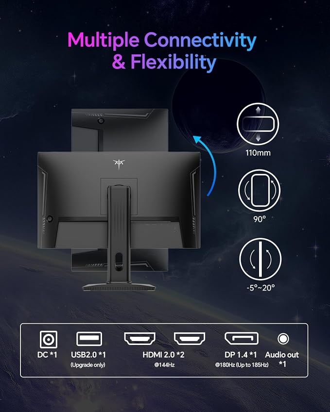 KTC 24 Inch Gaming Monitor 180Hz - 2K 1440P Computer Monitors, Fast IPS Vertical Monitor with HDR 400, Adaptive Sync, Up to 185Hz, HDMI & Display Port, Tilt Pivot Height Adjustable, Vesa Mount, H24T7