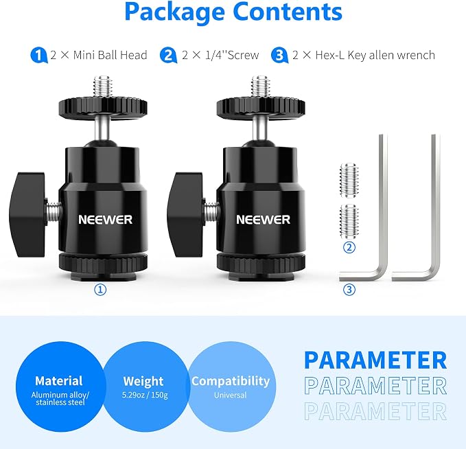 Neewer Mini Ball Head with Cold Shoe & 1/4” Screw, 2 Pack, 360° Swivel 90° Tilt Ballhead Camera Mount Hot Shoe Adapter for Camera, Camcorder, Smartphone, LED Video Light, Microphone, Ring Light, ST17