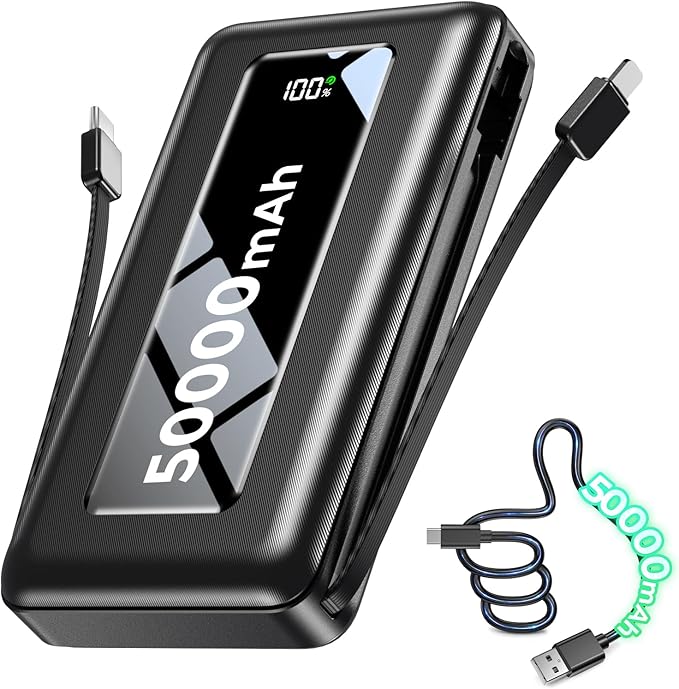 Portable Charger Power Bank 50000mAh, 22.5W PD Fast Charging Battery Pack with Built-in USB-C/iOS Cables, Flashlight, Camping Travel Essential for iPhone 17/16/15, MacBook, Samsung - Ebony