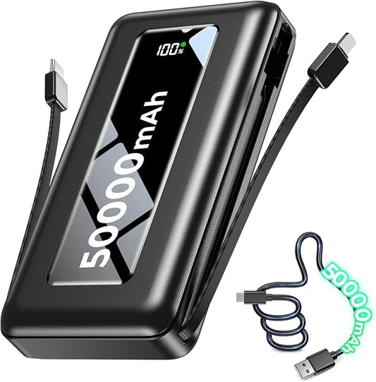 Portable Charger Power Bank 50000mAh, 22.5W PD Fast Charging Battery Pack with Built-in USB-C/iOS Cables, Flashlight, Camping Travel Essential for iPhone 17/16/15, MacBook, Samsung - Ebony