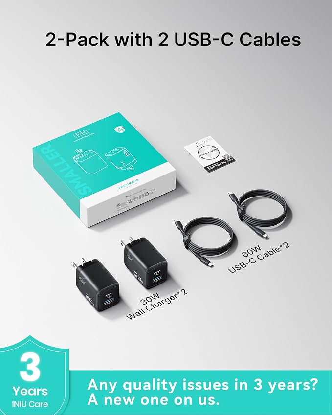 INIU USB C Charger Block, 30W PD QC GaN Fast Charging with 5FT Type C Cable & Advanced Protection, Wall Charger with Foldable Plug for iPhone 17 16 15 Pro Max iPad, Samsung S26 S25 Ultra, Pixel 10 9