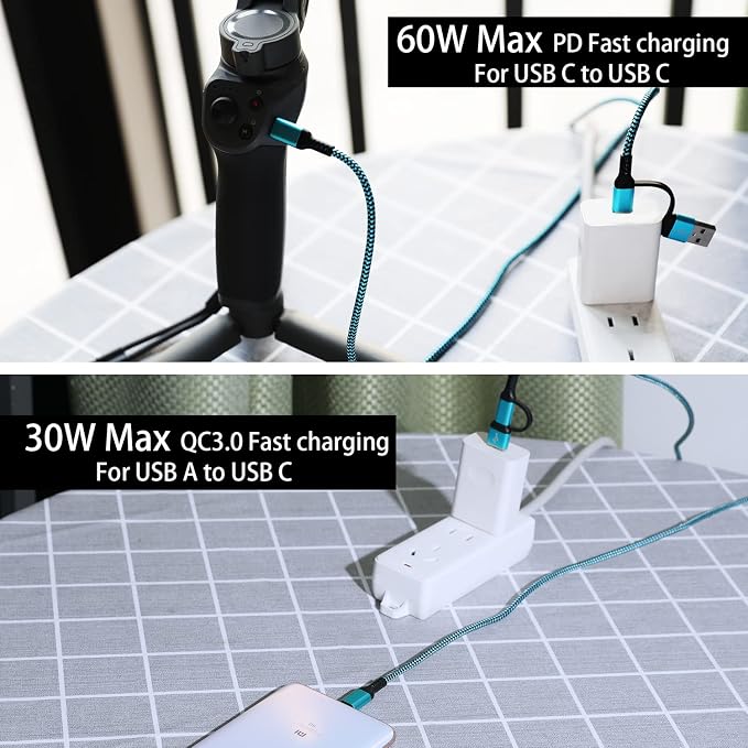 USB C to C Cable, 60W 3 Pack Fast Charging Cords 6ft QC & PD 2-in-1 USB-A/C to Type C Charger Cord Compatible with Samsung Galaxy S21 S10 S9 Note20, MacBook Pro 2020/2019