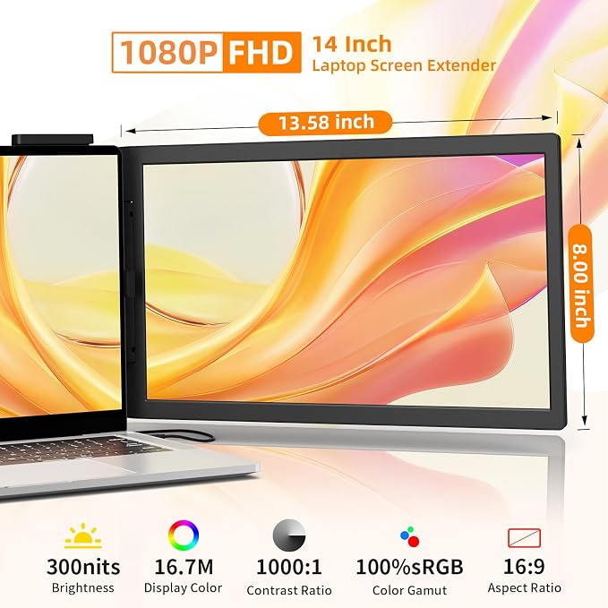 Laptop Screen Extender, 14" FHD IPS 1080P Portable Monitor for Laptop Mini HDMI/Type-C PC Display Extender Fits 14"-16.5" Laptops,Plug & Play for Windows/Mac/Android/Switch/PS5