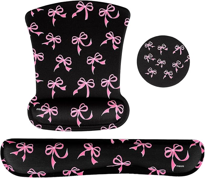 MOSISO Wrist Rest Support for Mouse Pad&Keyboard Set, Pink Bows Ergonomic Mousepad&Coaster Non-Slip Base Home/Office Pain Relief&Easy Typing Cushion with Neoprene Cloth&Raised Memory Foam, Black