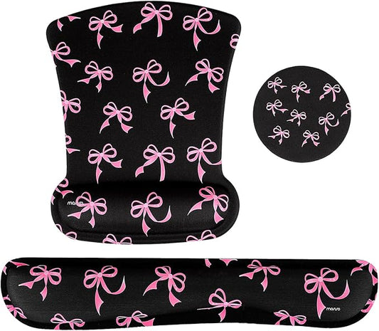 MOSISO Wrist Rest Support for Mouse Pad&Keyboard Set, Pink Bows Ergonomic Mousepad&Coaster Non-Slip Base Home/Office Pain Relief&Easy Typing Cushion with Neoprene Cloth&Raised Memory Foam, Black