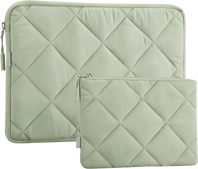 LANDICI Puffy Laptop Sleeve Carrying Case 14 15 Inch Compatible with MacBook Pro 14/15, MacBook Air M2 15, Surface Laptop 4/5, Chromebook 14, Cute Computer Cover Bag with Accessories Pouch, Green