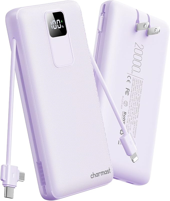 charmast Portable Charger with Built-in Wall Plug and Cables, 20000mAh Power Bank Travel Essentials, 20W Fast Charging Battery Pack Compatible with iPhone 17/16/15/14/13/12/11, Samsung, Android