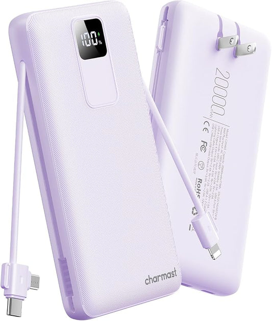 charmast Portable Charger with Built-in Wall Plug and Cables, 20000mAh Power Bank Travel Essentials, 20W Fast Charging Battery Pack Compatible with iPhone 17/16/15/14/13/12/11, Samsung, Android