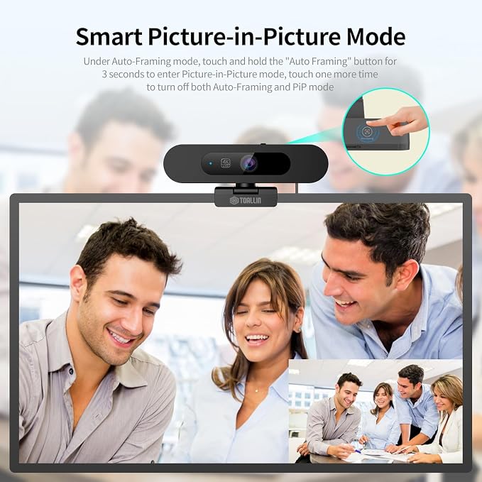 TOALLIN 4K AI Webcam for PC, AI Auto-Framing, WDR/HDR, Pic-in-Pic, Built-in Dual Mics, 5X Adjustable Zoom, Image Mirroring, 92° FOV Webcam for Video Conferencing, Streaming, Video Calls