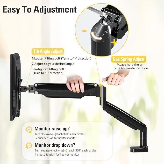 Single Monitor Mount Stand for 22-40" Computer Screens, Heavy Duty Gas Spring Monitor Arm Holds Up to 30.9 lbs, Adjustable Vesa Mount with C-Clamp & Grommet Base, Black