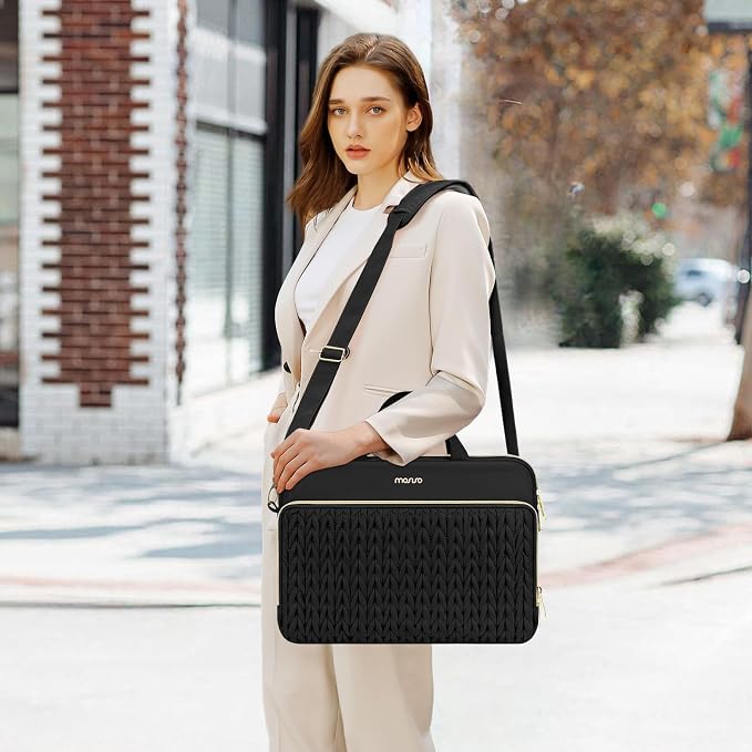 MOSISO 15.6 inch Laptop Shoulder Bag for Women, 15-16 inch Computer Bags Compatible with MacBook Pro 16 inch/Air 15 inch,HP Dell Lenovo ASUS, Wheat Ear Quilted Laptop Bag with Handle&Pocket, Black