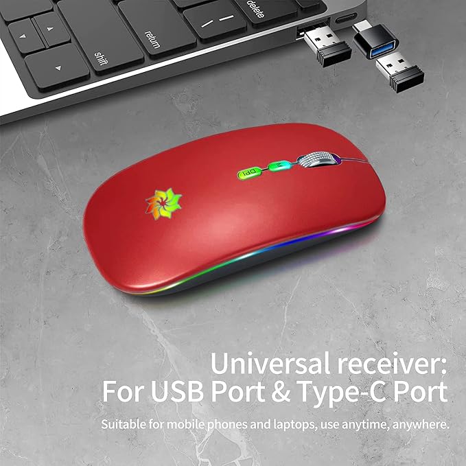 KBCASE Wireless Mouse, LED Wireless Mouse for Laptop, Slim Silent Mouse 2.4G Rechargeable Wireless Computer Mouse for Laptop, MacBook, iPad, Chromebook, with USB & Type-c Receiver