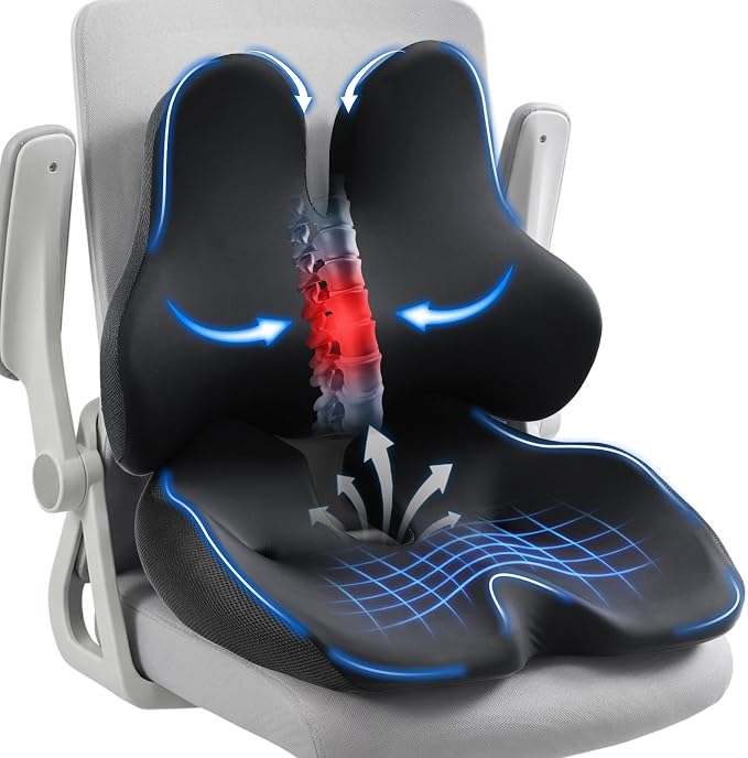 Seat Cushion Lumbar Support Pillow Set for Tailbone & Sciatica Pain Relief, Chair Cushions Back Support with Ergonomic Design Memory Foam XLarge Coccyx Pad for Car, Office, Desk, Wheelchair