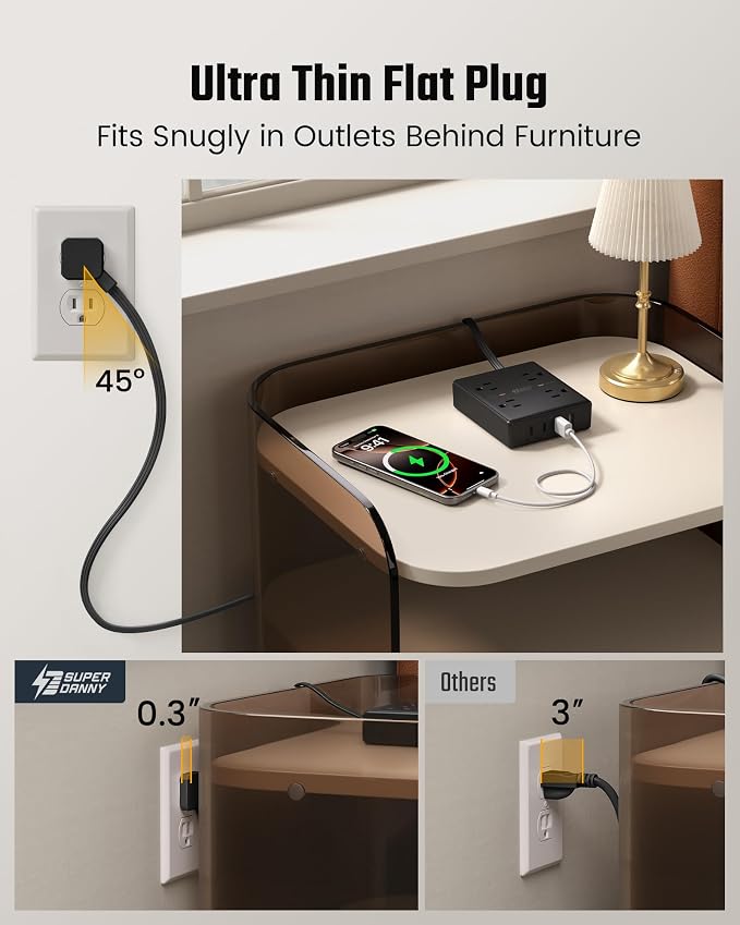SUPERDANNY Flat Plug Power Strip Surge Protector 10 Ft Long Flat Extension Cord with 4 Outlets & 4 USB (2 USB-C) Charging Station for Home Office, College Dorm Room Essentials, Travel, Black