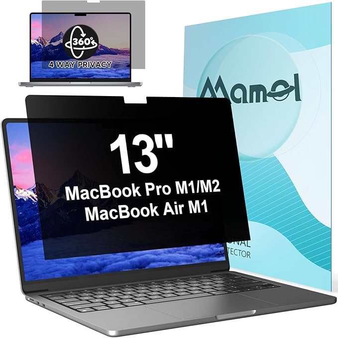 360° Privacy Screen for Macbook Pro 13 Inch (2016-2022, M1, M2) & Air 13 inch (2018-2021, M1), Anti Glare Blue Light Filter, Nano No Glue Anti Spy Black Protector for Mac Pro 13In Laptop Computer