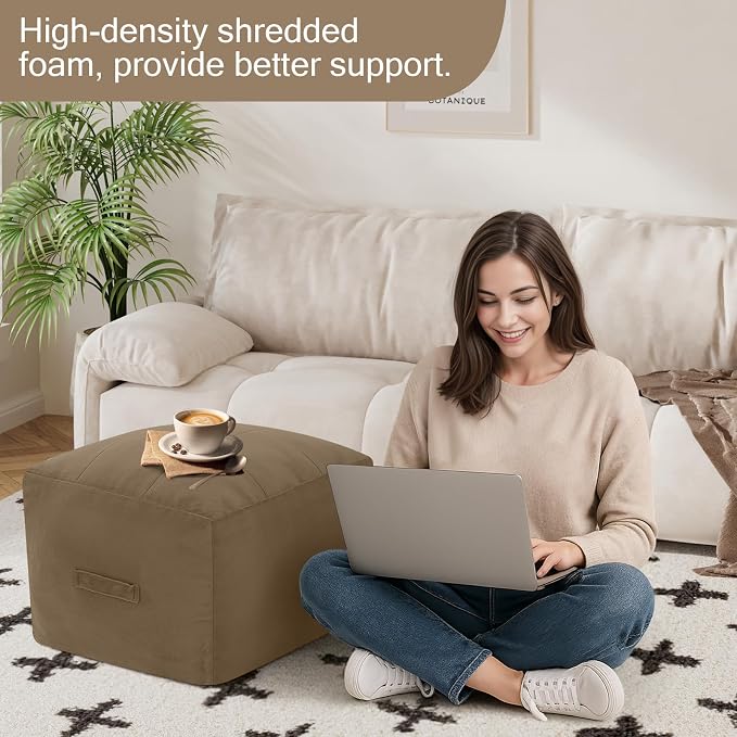 MeMoreCool Square Stuffed Pouf Ottoman Foot Rest, Floor Pouf Foot Stool with Foam Chunk Filling, Soft Stuffed Ottoman Footrest for Living Room, Light Coffee
