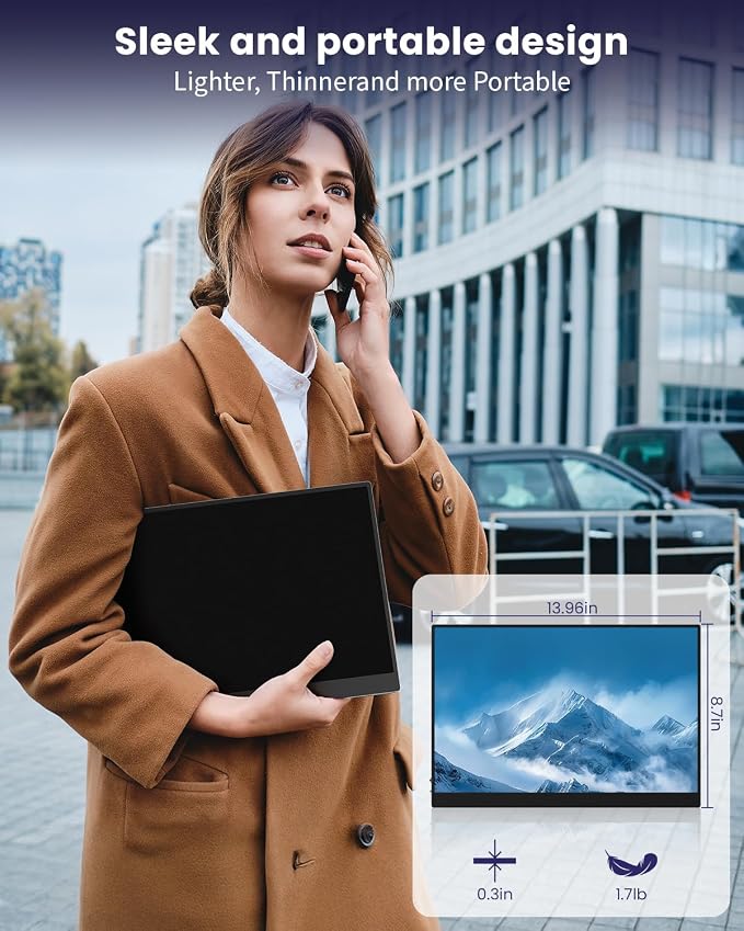 ZUCWO 15.6 Inch Portable Computer Monitor, Portable Monitor for Laptop,PC,MacBook,Phone, PS4, 1080P FHD Display with HDMI USB-C, Built-in Speaker with Leather Case, Travel Work Home Gaming Monitors