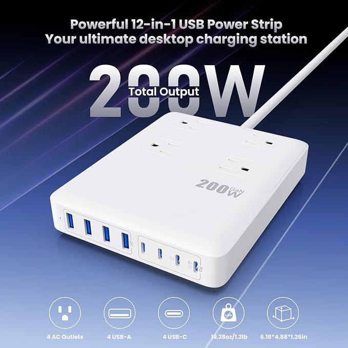 200W USB C Charging Station Power Strip with Cord and Plug,USB C Charger Block,4 AC Outlets,8 USB Ports for MacBook,iPhone 17/16/15,Fast Charging Desktop Charger for Office,Home (White)