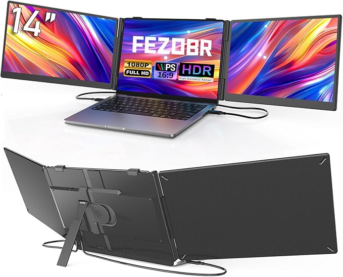 Laptop Screen Extender, 14" Ultra-Slim Triple Portable Monitor, 1080P FHD IPS Display, USB-C/HDMI Plug & Play, Monitor Extender for 13-17.3" Laptops, Mac/Windows/Chrome