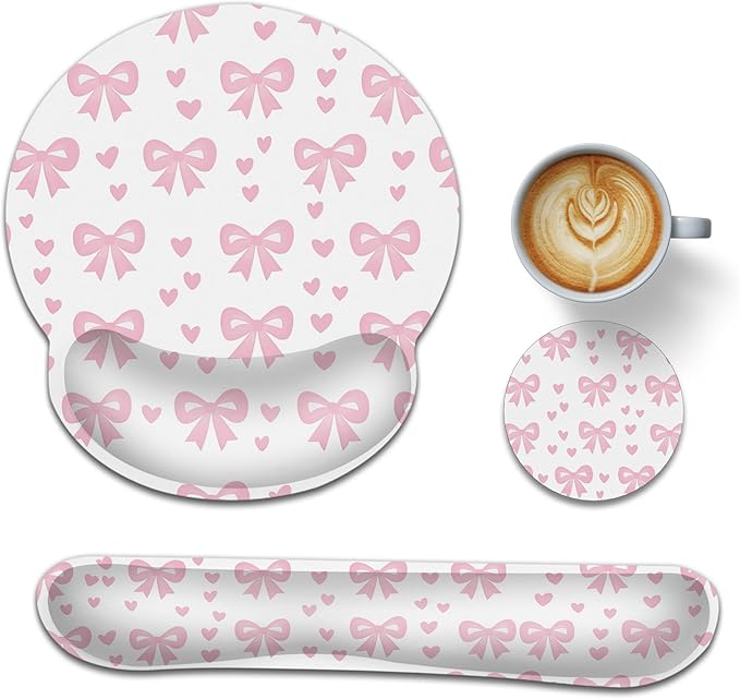 Cute Bow Wrist Rest Mouse Pad and Keyboard Support Set,Pink Heart 3 in 1 Ergonomic Memory Foam Mousepad with Non Slip Base, Gaming Mouse Pad for Office and Home