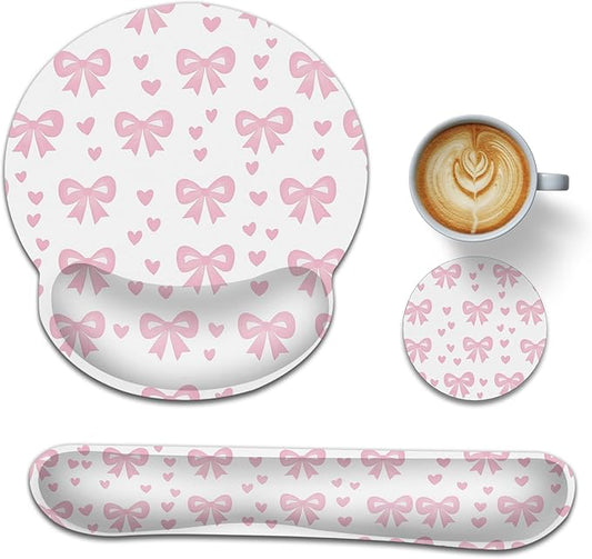 Cute Bow Wrist Rest Mouse Pad and Keyboard Support Set,Pink Heart 3 in 1 Ergonomic Memory Foam Mousepad with Non Slip Base, Gaming Mouse Pad for Office and Home
