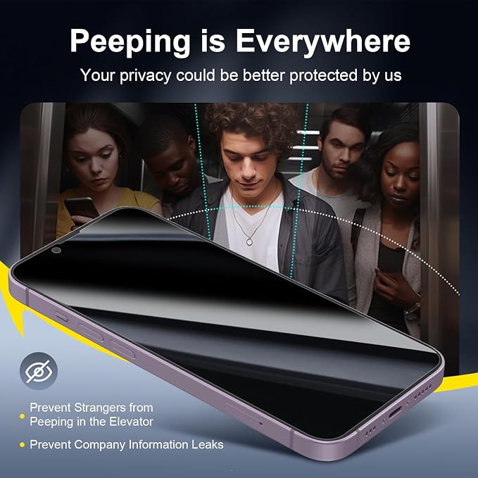 NEW'C 3x Privacy for iPhone 14 Screen Protector (6.1 inches)+ 3x Camera Lens Protector, Sensor Protection, Case Friendly Tempered Glass Film +Dust Plug - Enhanced Privacy Angle of 28 Degrees