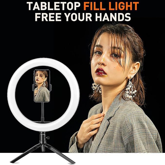 10" Desk Ring Light with Tripod Stand, 3 Light Modes & 11 Brightness Level, Adjustable Selfie Phone Halo Light with Cell Phone Holder for Video Recording, Makeup, Computer Laptop Zoom Meeting