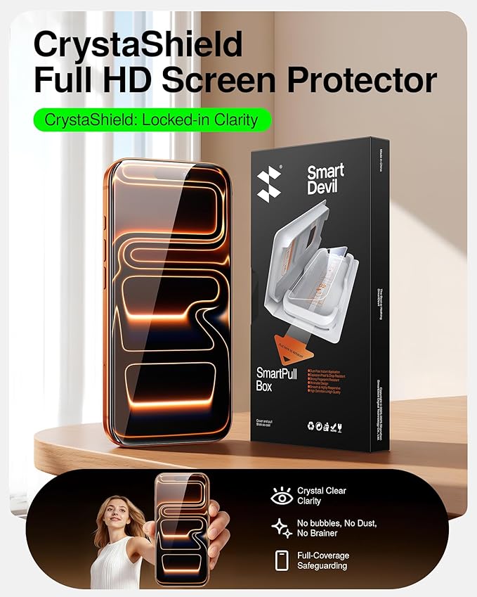 SMARTDEVIL 2 Pack Tempered Glass for iPhone 17 Pro Max Screen Protector, Military-Grade Shatterproof Protection, 9H Hardness, Fast & Easy Installation, Case Friendly Design