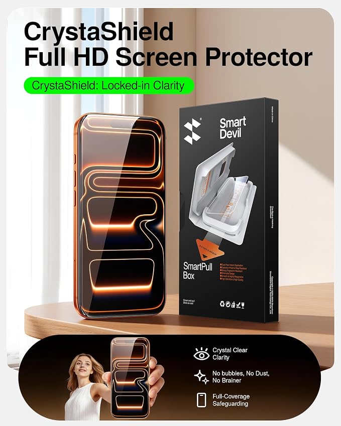 SMARTDEVIL 2 Pack Tempered Glass for iPhone 17 Pro Screen Protector, Military-Grade Shatterproof Protection, 9H Hardness, Fast & Easy Installation, Case Friendly Design