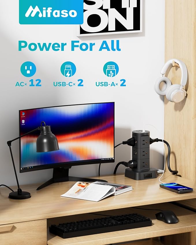 Charging Station Tower, 10Ft Power Strips with Surge Protection, Flat Plug, 12 Outlets 4 USB Ports, 1875W/15A 1080J Extension Cord with Multiple Outlets, Office Desk Supplies, Dorm Essentials