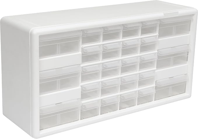 Akro-Mils 26-Drawer Plastic Drawer Storage Cabinet for Garage Organization, Bead Organizer, Building Bricks Storage, Teacher Toolbox, Makeup Organizer, 20" W x 6" D x 10" H, 10124 White