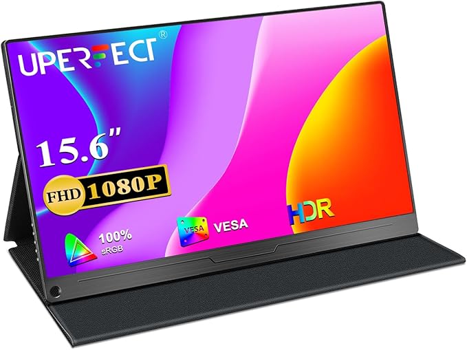 UPERFECT Portable Monitor, 15.6" IPS HDR 1920X1080 FHD Eye Care Travel Screen USB C Gaming Monitor, Dual Speaker External Monitor HDMI Type-C VESA for Laptop PC Phone w/Case