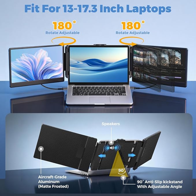 JoyReal Laptop Screen Extender, 14" FHD 1080P IPS Portable Monitor for Laptop, Triple Screen Extender Monitor USB-C/HDMI Plug-Play for Windows, Mac, Fit 13"-17.3" Laptops