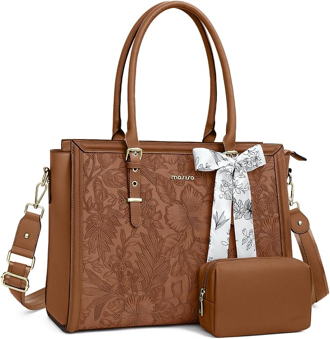 MOSISO Laptop Bag for Women, 17-17.3 inch PU Leather Tote Bag Compatible with MacBook, HP, Dell, Asus Notebook, Front Embossed Retro Hibiscus Computer Bags with Silk Scarf&Clutch Purse, Brown